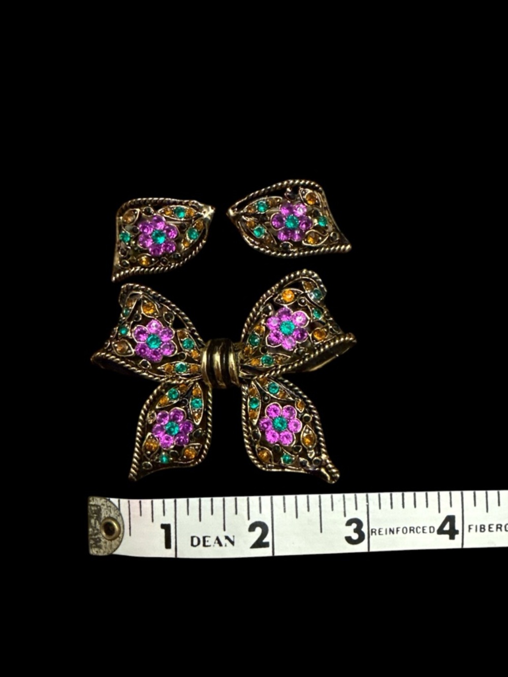 Vintage Gold-Tone Floral Bow Brooch and Earring Set - Purple & Green Accents - Picture 5 of 5